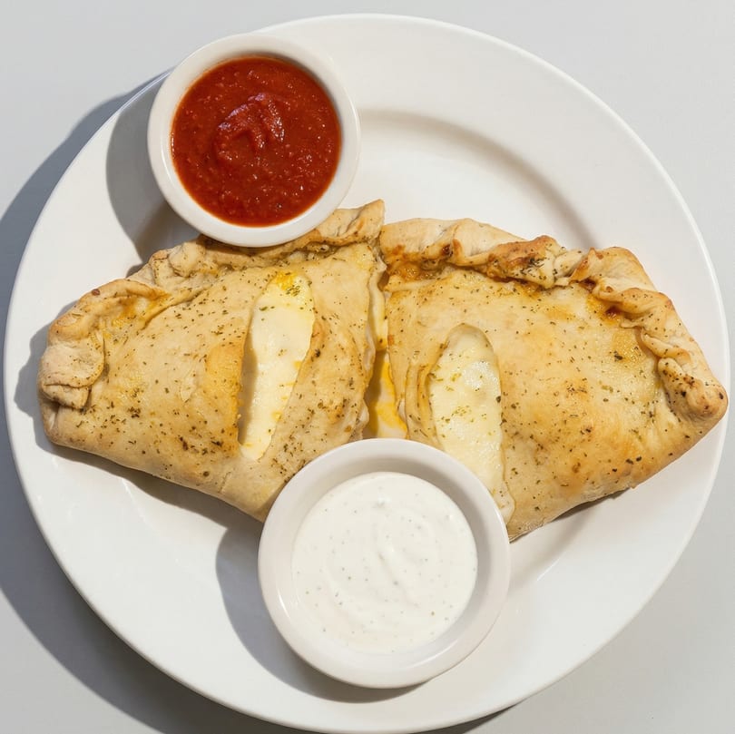 Two golden-brown calzones, one sliced open to reveal melted cheese, served with marinara and ranch.