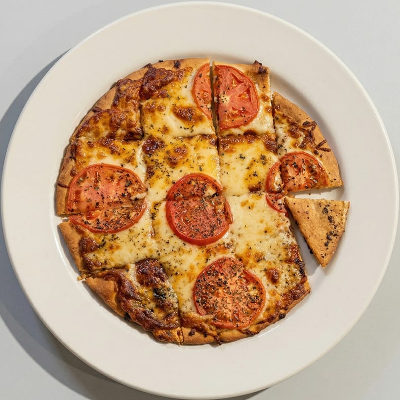 Round flatbread pizza with melted cheese, tomato slices, and herbs, with one slice removed.