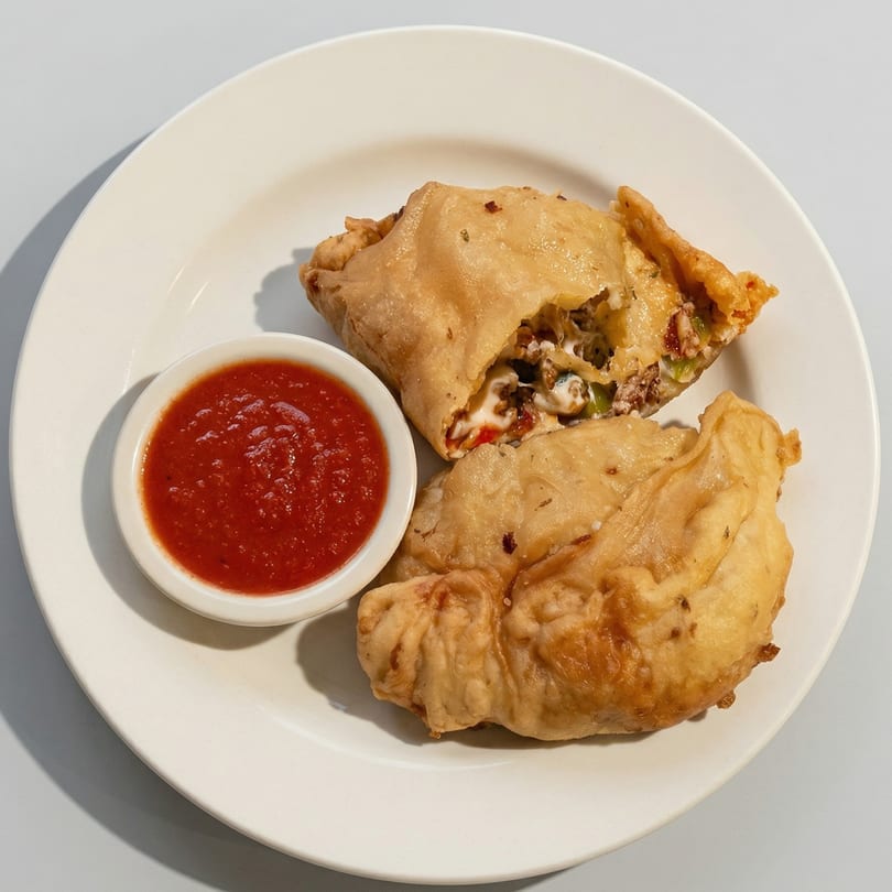 Two golden-brown calzones, one cut open revealing melted cheese and meat, with a side of red sauce.