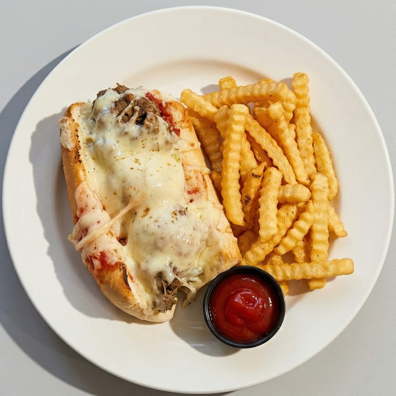 Cheesesteak sandwich with melted cheese, crinkle-cut fries, and a side of ketchup on a white plate.