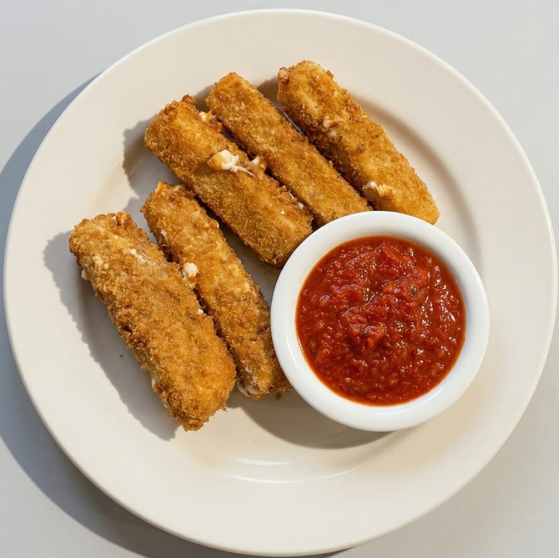Five golden-brown mozzarella sticks with melted cheese, served with a side of red marinara sauce on a white plate.